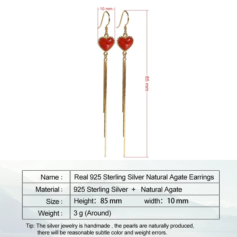 

LATS Real 925 Sterling Silver Gold Plated Heart Tassel Earrings for Women Red Agate Love Bohemia Drop Earring 2020 Fine Jewelry