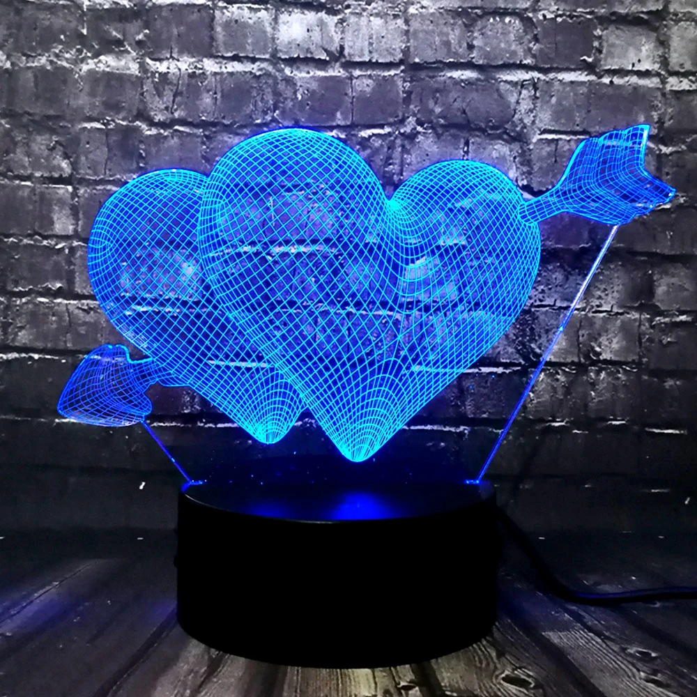 Романтическая любовь Купидон стрела через Двойное сердце 3D светодиодный USB лампа Милая влюбленные Свадебные украшения Красочный ночной светильник подарок