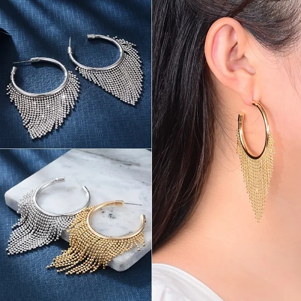 tassel silver hoop Винтаж корейской моды Chic серебро большой обруч серьги Kpop цирконий жемчуг длинные кисточки серьги для женщин заявление свадьба - Окраска металла: tassel silver hoop