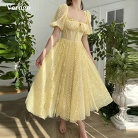 verngo light yellow tulle with dandelions flowers a line 2021 evening dress half puffy sleeves ankle length prom party dresses