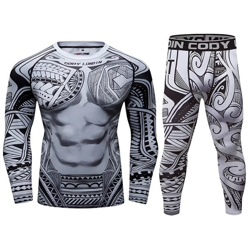 

Cody Lundin Men Tattoo jiu jitsu BJJ Rashguard Set Gym Wrestling Boxing Trainning Set Compression Polyester t-shirts +Leggings