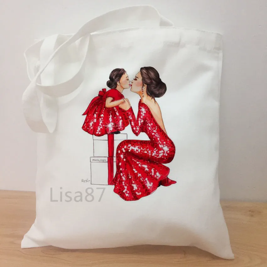 Женские холщовые сумки на плечо с милым рисунком для мамы и дочки большие размеры