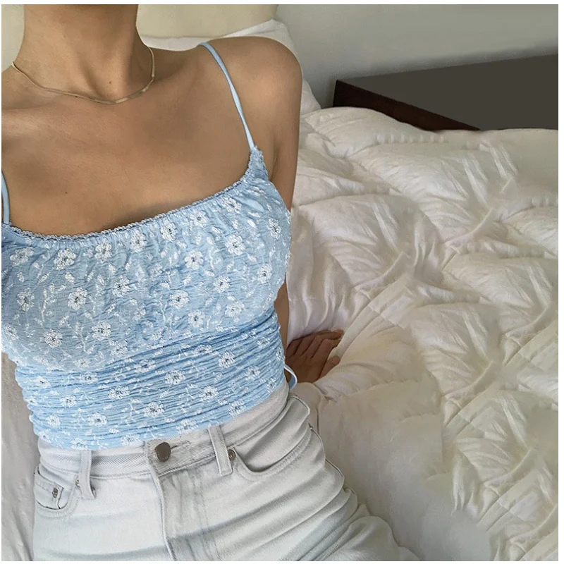 

2021 Summer Sling Women Vest Sleeveless Base Slim V Collar Floral Print Sling Sexy Backless Female Navel Short Personality Top