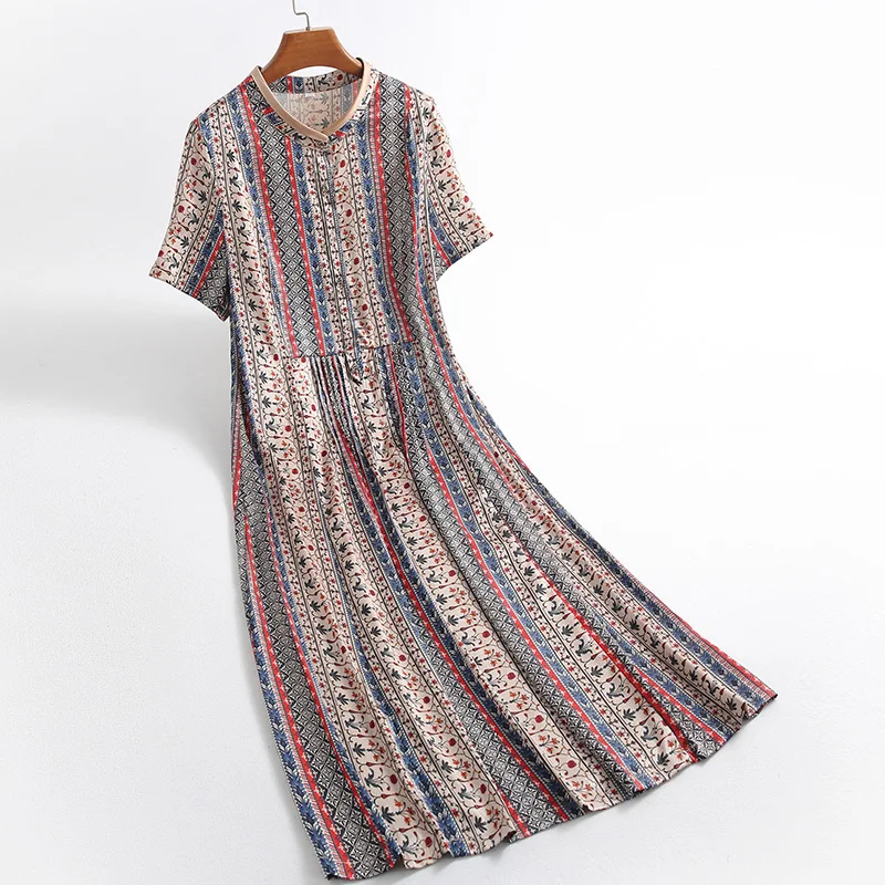 

2021 Women Spring Summer Vintage Silk Dress Lady O-neck Short Sleeve Print Pleated Dresses Female Casual Chic A-line Vestido K74