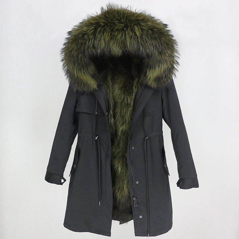 black green OFTBUY, водонепроницаемая парка, пальто из натурального меха, зимняя куртка для женщин, натуральный мех енота, меховой воротник, Лисий мех, подкладка, теплая Толстая Уличная верхняя одежда - Цвет: black green