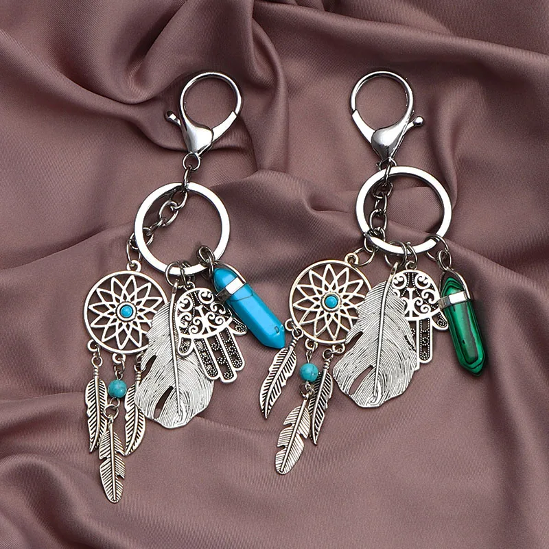 Брелок для ключей в виде Ловца снов перо ручная работа цветной камень Ловец