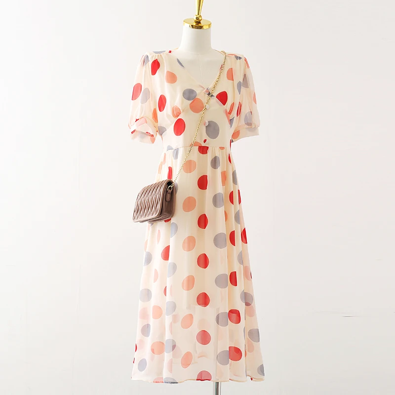 

Polka Dot Chiffon Women Dresses Summer New 2021 V-Neck Puff Sleeved Slim Knee-Length Elegant Office Lady Pulls Tops