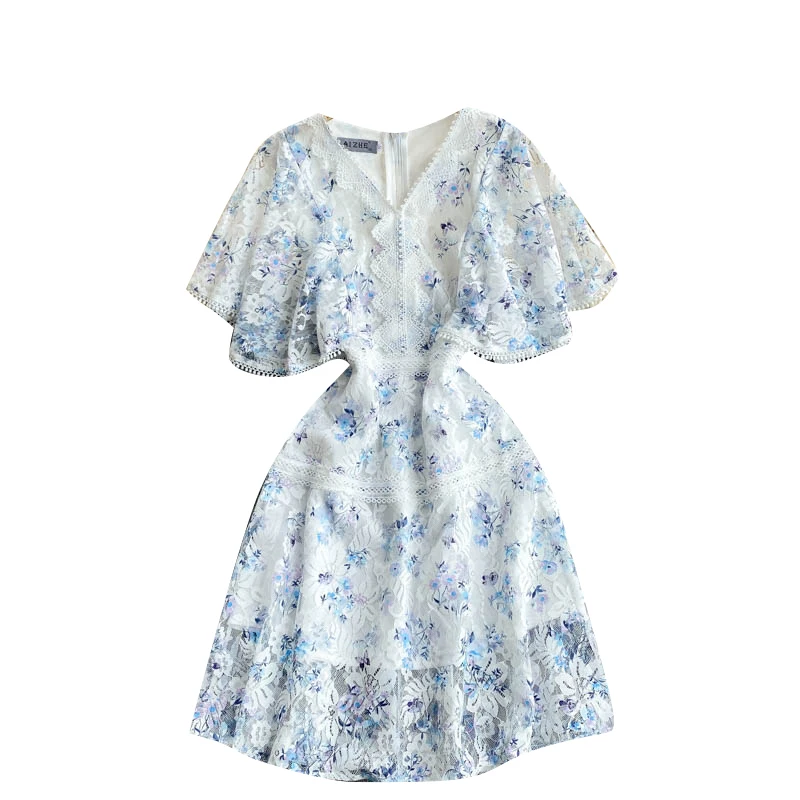 

Women French Lace Dress Sweet Ruffles Sleeve V Neck A-line Dresses Summer Korean Fashion Streetwear Short Sundress