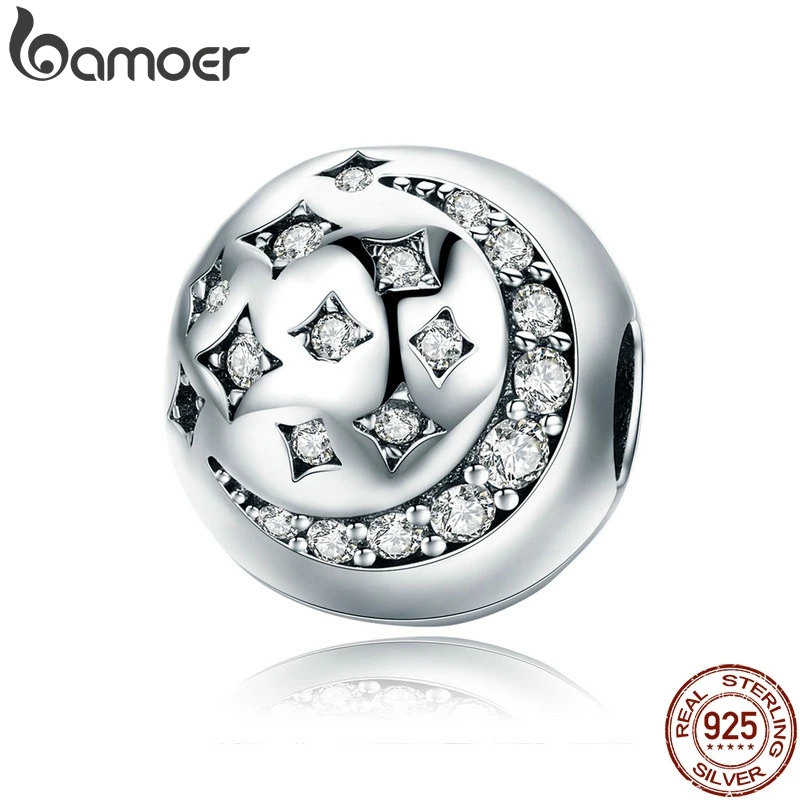 BAMOER 925 пробы серебряная Луна и звезда Фиксатор Зажим сверкающие CZ Бусины Подходит браслет для женщин DIY ювелирных изделий SCC813