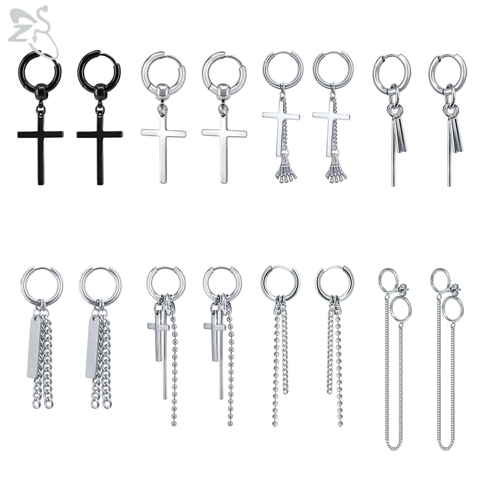 Серьги кольца ZS из нержавеющей стали с крестом и перьями мужские круглые висячие