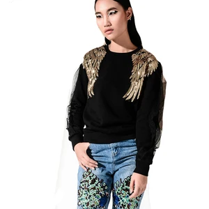 Свитшот женский с длинным рукавом, сетчатый черный пуловер с блестками, с бусинами и крыльями, одежда FS0169
