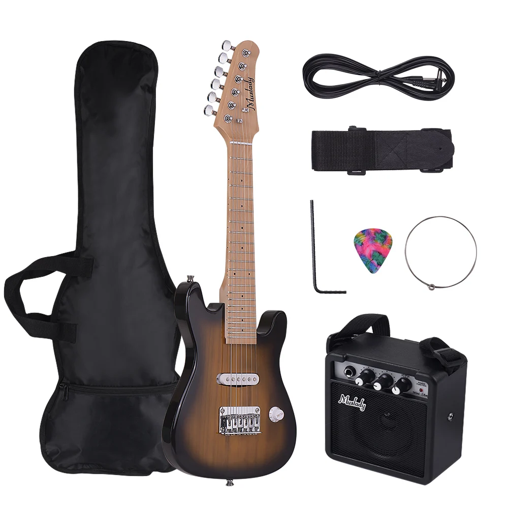 

Muslady 28 Inch Kids ST Electric Guitar Kit Maple Neck Paulownia with Mini Amplifier Guitar Bag Strap Pick String Audio Cable