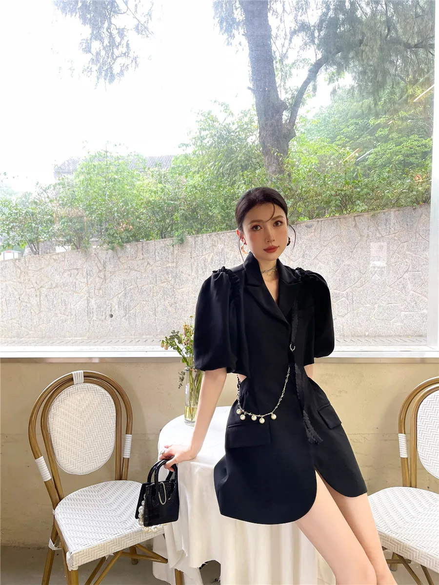 

CHEERART 2021 Fashion Women Cut Out Blazer Dress Puff Sleeve Summer Pearl Chain Black Mini High Fashion Designer Mini Dress