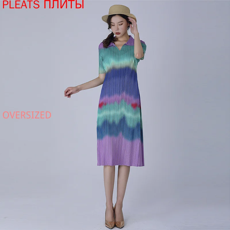 

Miyake Folds New Summer Slimming Age-reducing Temperament High-end Long Dress Loose Large Size Gradient Dress Women PLEATS