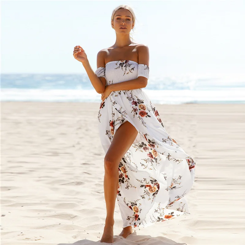 Boho style long dress women Off shoulder beach summer dresses Floral print Vintage chiffon white maxi vestidos de festa | Женская одежда