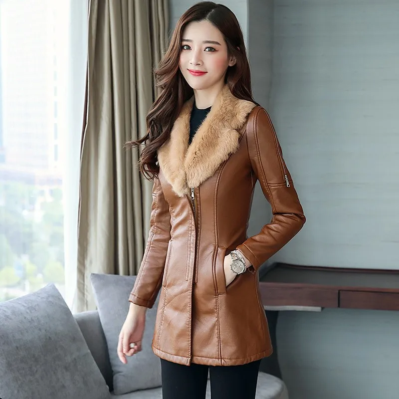 Fashion Fur Collar Slim Faux New Winter Thick Warm Jacket Women PU Leather Coat Korean Female Overcoat Parkas | Женская одежда