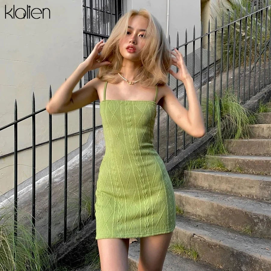 

KLALIEN Women Fashion Elegant Streetwear Strap Mini Dress Summer 2022 New Solid Green Knit Stretch Slim Office Lady Dresses