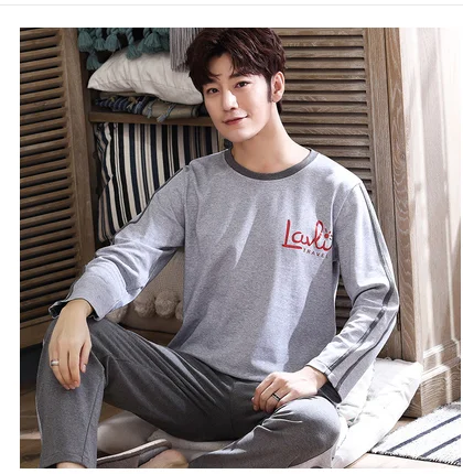 men pajama set Осенне-зимние мужские пижамы с длинными рукавами, хлопковые Пижамные комплекты в полоску с надписями и героями мультфильмов, повседневные мужские пижамы для отдыха и сна, L-XXXL Пижама - Цвет: men pajama set
