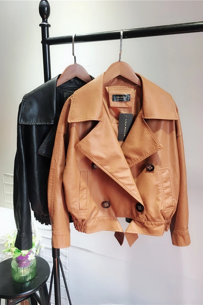 Женская кожаная куртка с отложным воротником простая Свободная рукавами летучая