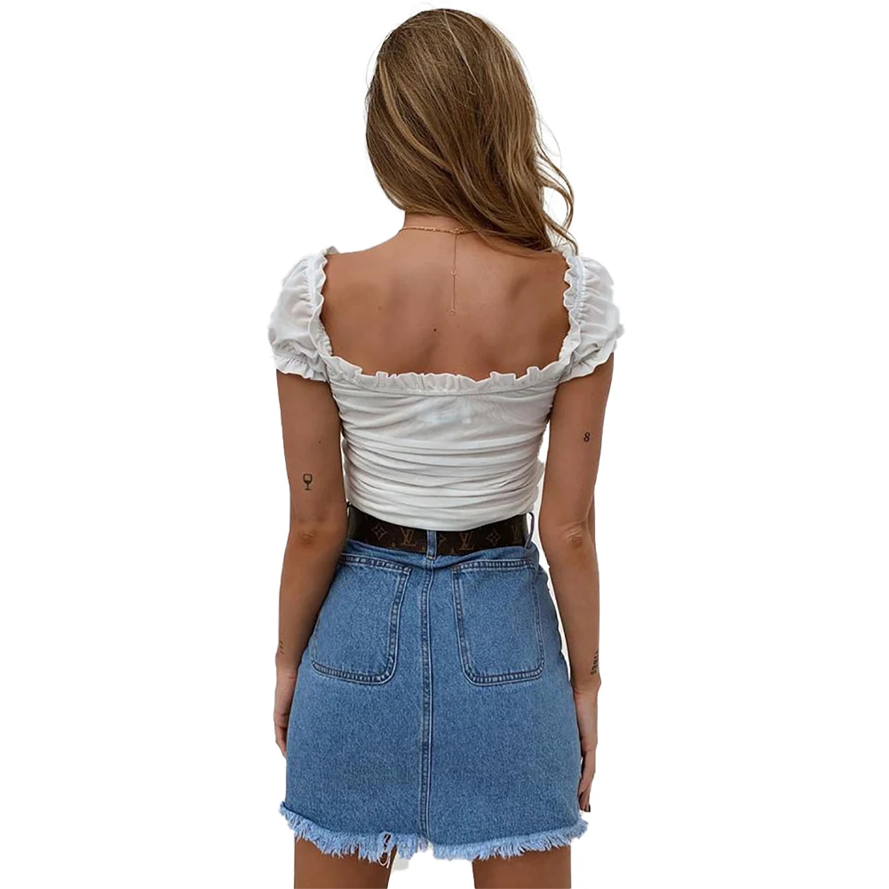 

Womens Summer Puff Sleeve Short Top Fashion Female Square Collar Solid Color Drawstring Slim Fit Exposed Navel Blouse