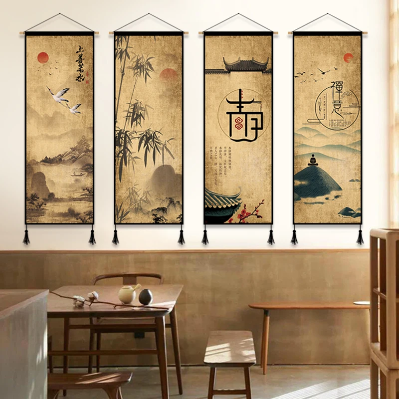 

Chinese Style Ink Painting Landscape Canvas Poster Wall Pictures Living Room Decor Painting Art with Solid Wood Hanging Scroll
