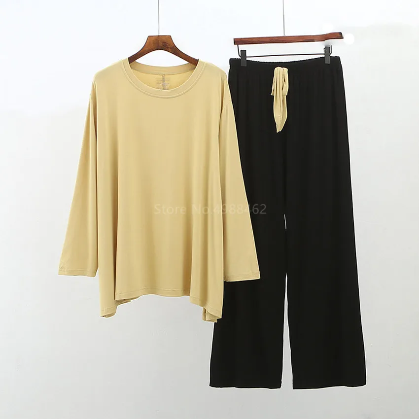 

Spring Autumn Pajamas Set Hit Color Women Comfort Loose Sleepwear 2Pcs Set Long Sleeve Shirts Pants Round Neck Homewear