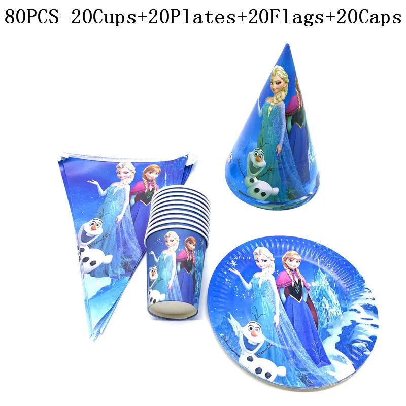 

40/80Pcs New Sale Disney Frozen Theme Birthday Party Supplies Paper Cups Plate Hat/Cap Banner For Kid Party Decoration Supplies