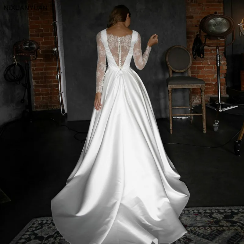 Белые свадебные платья цвета слоновой кости с карманом Vestido Noiva Элегантный атласный с длинным рукавом свадебное платье развертки Шлейфы для свадебных платьев