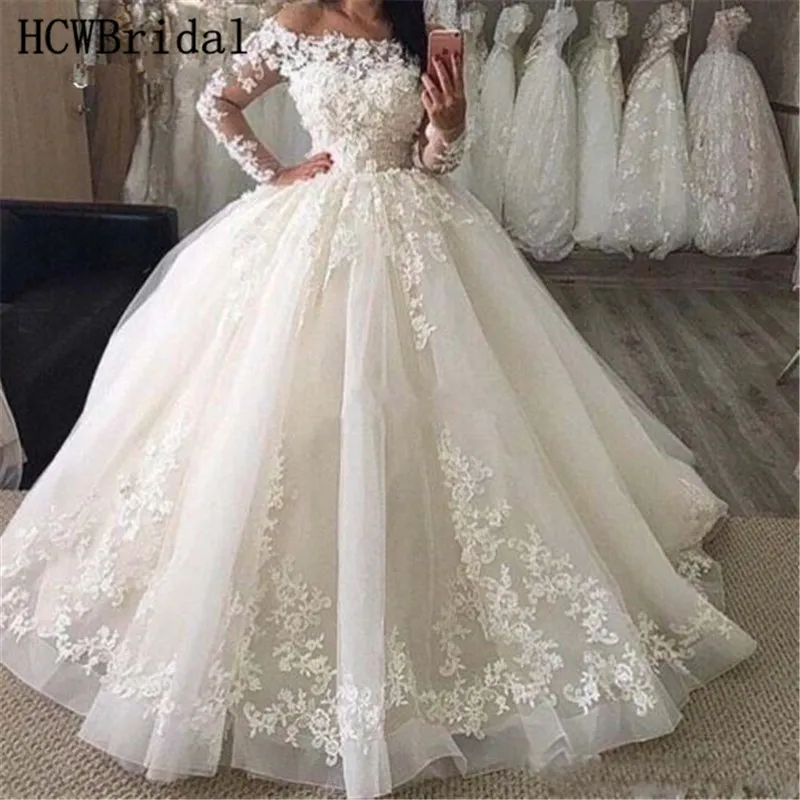 Graceful Lace Princess Wedding Dresses Boat Neck Off The Shoulder Puffy Ball Gown Dubai Bridal Dress Custom Made Robe De Mariee | Свадьбы и