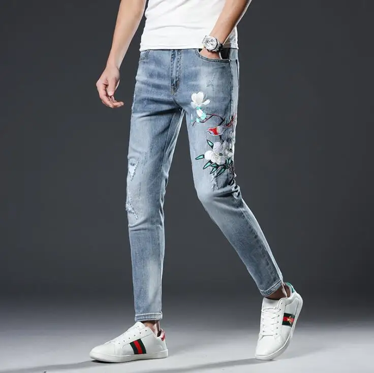 2021 Men's Jeans Stretch Light Blue Embroidery Jeans Men Tide Brand Slim Fit Classic Denim Pants Men's Thin Jeans