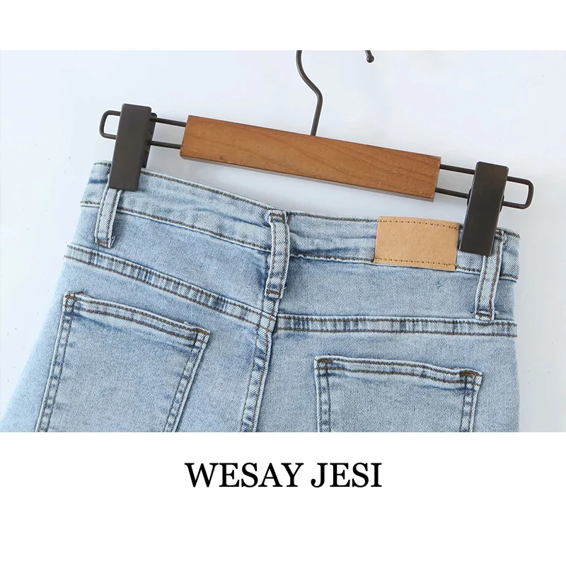 

WESAY JESI Fashion 2021 Summer Women's Denim Shorts High Waist Hole Slim Fit Casual Jeans Pockets Straight Hot Shorts Streetwear