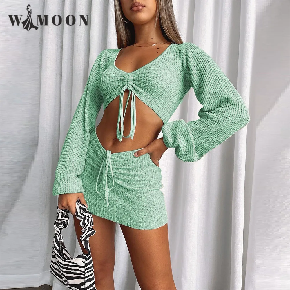 

Drawstring Wrapped Long Sleeve Skirt Set Bandage Sexy Autumn Women's New V-neck Lace Shirring Pleat Waffle Party Slim Dress Sets