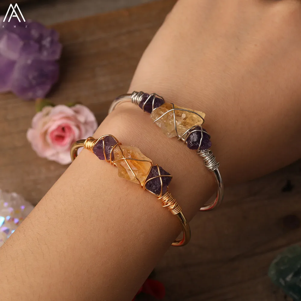

Gold Silvery Copper Wire Wrapped Natural Amethysts Citrines Quartz Nugget Beads Open Cuff Bangles Bracelets For Women Jewelry