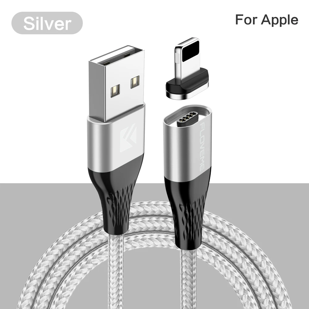 FLOVEME магнитный заряд зарядка для телефона 3 в 1 Магнитный кабель Micro usb type C осветительный кабель телефон Быстрая зарядка зарядное USB-C/type-C кабель для iPhone samsung магнитное зарядное устройство - Цвет: For Apple Silver