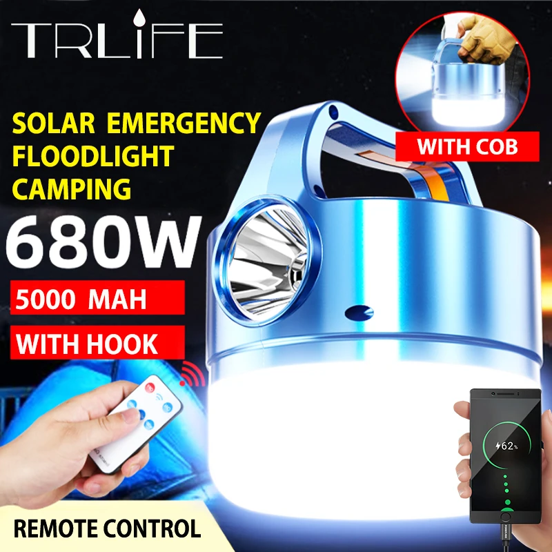 

680W Solar LED Lights Outdoor COB Camping Lamp Rechargeable Super Bright Searchlight Working Lighting Portable Emergency Lantern