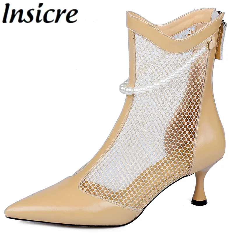 

Insicre Women Sandals Cow Leather Zipper Bead Pointed Toe 2021 Summer Fashion Ankle Boots Mesh High Heel Shoes Handmade