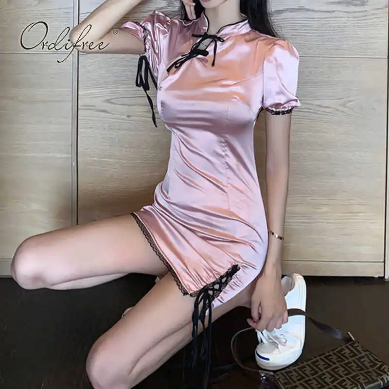 

2021 Summer Women Black Satin Mini Dress Cheongsam Lace Crochet Slit Lace Up Vintage Short Party Dress