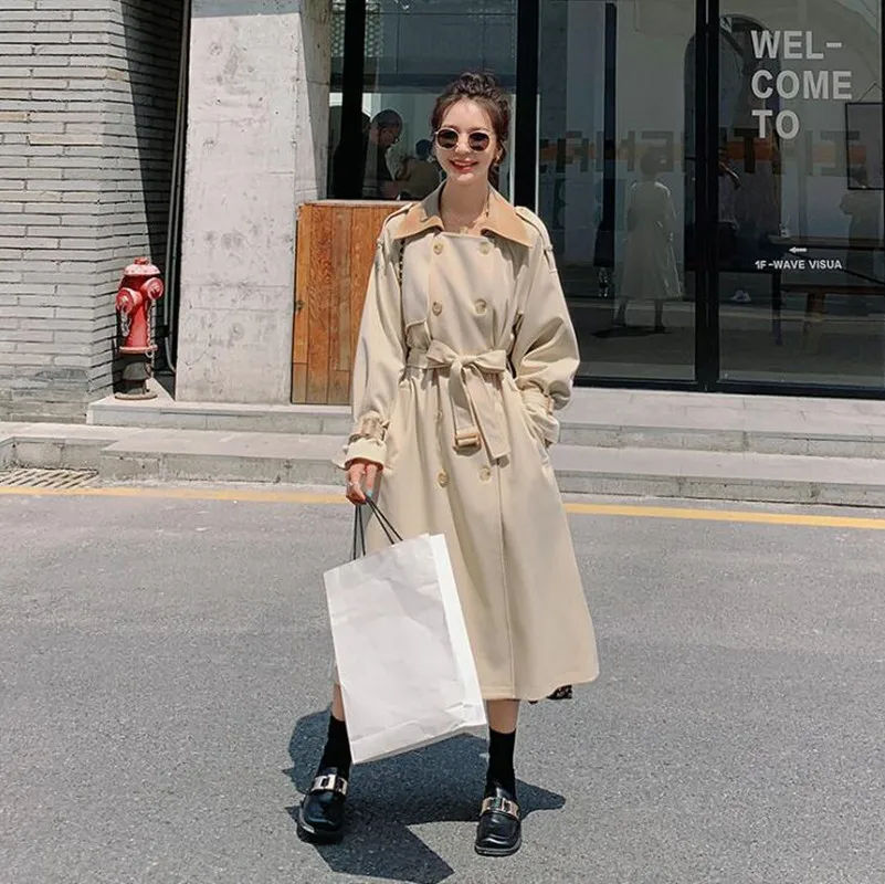 

2012 Fashion Korean Style Loose Female Lapel Neck Long Trench Coat Women Oversized Double Breasted Clothing Retro Frock Windbrea