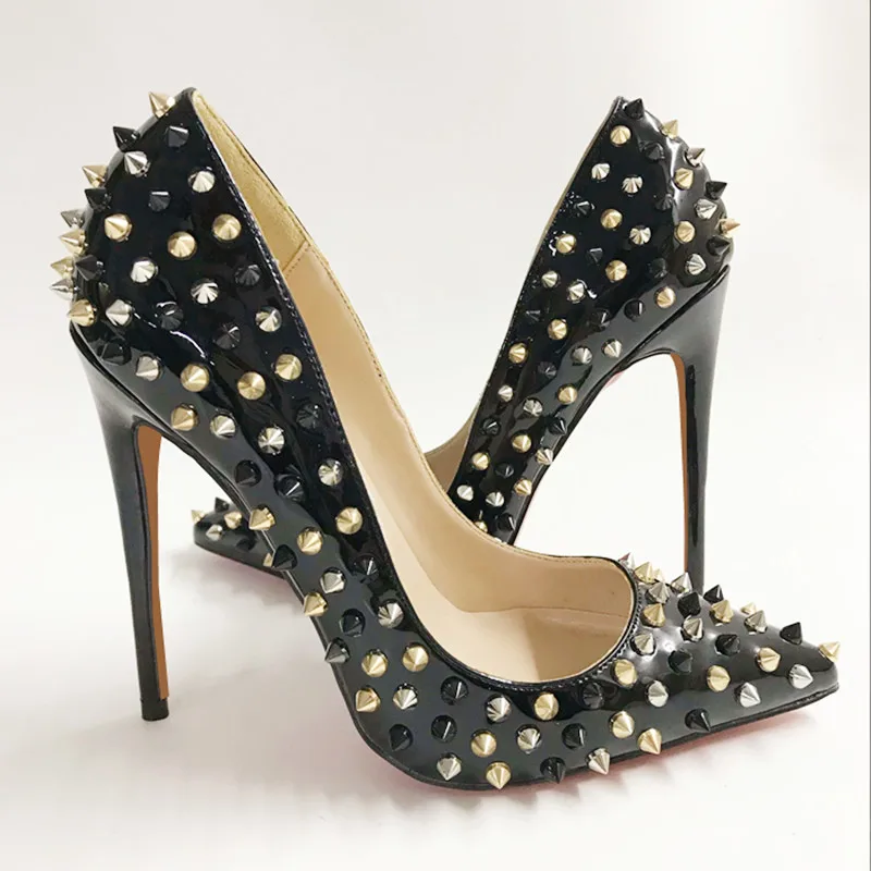 

NoEnName_Null-Women's pointed Black rivet high heels, patent leather, sexy shoes, with pointed rivets,, for parties and clubs