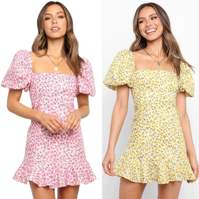 

Plus Big Size 2021 Spring Summer New Puff Short Sleeve Women Print Dresses Square Collar Yellow Pink WS011