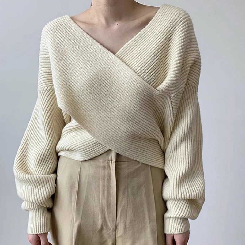 

Korean V-Neck Loose Casual Knitted Jumpers Long Sleeve Sexy Vintage Pullovers Warm Autumn Winter Sweater Oversized Designer X911