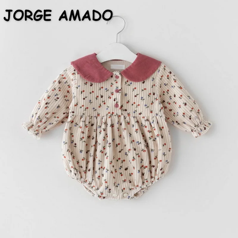 

2021 New Autumn Baby Girls Bodysuit Long Sleeves Pink Peter Pan Collar Corduroy Floral Jumpsuit Sweet Style Kids Clothes E1108