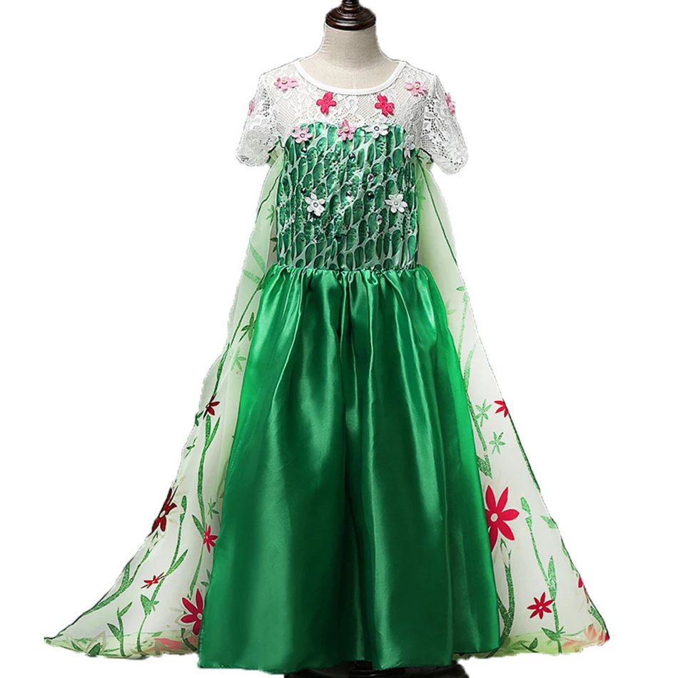 Frozem Fever/платье Эльзы для дня рождения; Карнавальный костюм для девочек; зеленое платье с цветочным рисунком; детское длинное платье принцессы Эльзы