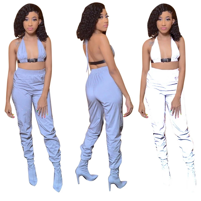 Sun Reflective Cloth Fabric Two Piece Set Backless Crop Top Palazzo Pants Sexy Casual Outfits Halter Sweat Suit Streetwear Loose | Женская