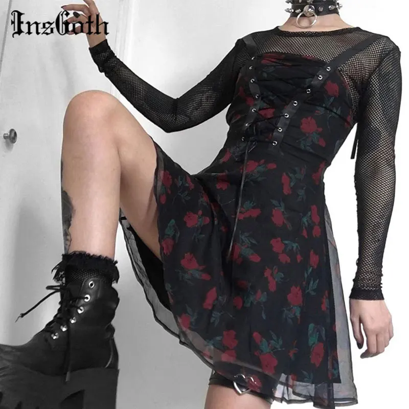 Винтажное черное платье на шнуровке InsGoth с цветочным принтом готическое