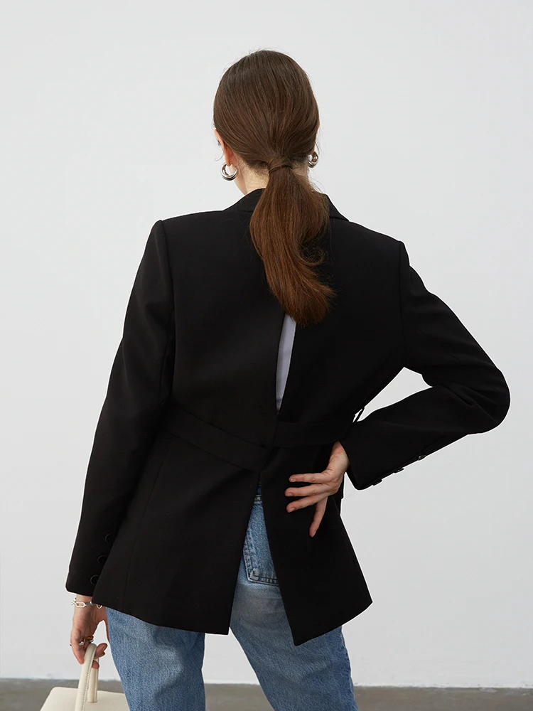 

Elegant black blazer women autumn clothing stylish back split loose blazers jacket with belt manteau femme