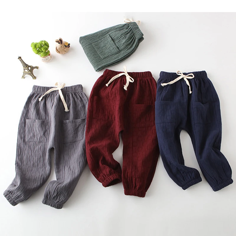 Брюки детские длинные из хлопка и льна с эластичным поясом|children trousers|girls trousersboys