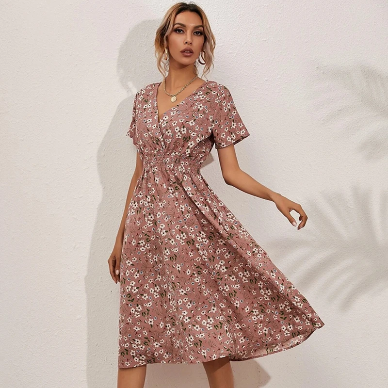 

Женское винтажное платье с V-образным вырезом и цветочным принтом