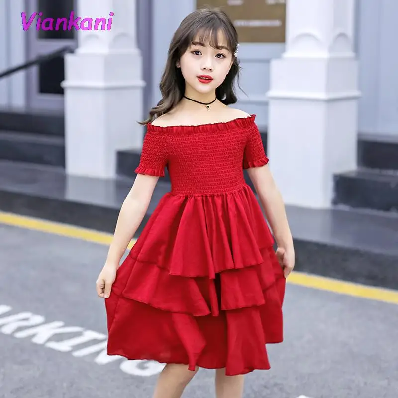 

Girls Summer Dress Red Cake Tiered Chiffon Kids Party Dresses for Girls 2021 New Birthday Short Sleeve 4 12 Y Children Clothes