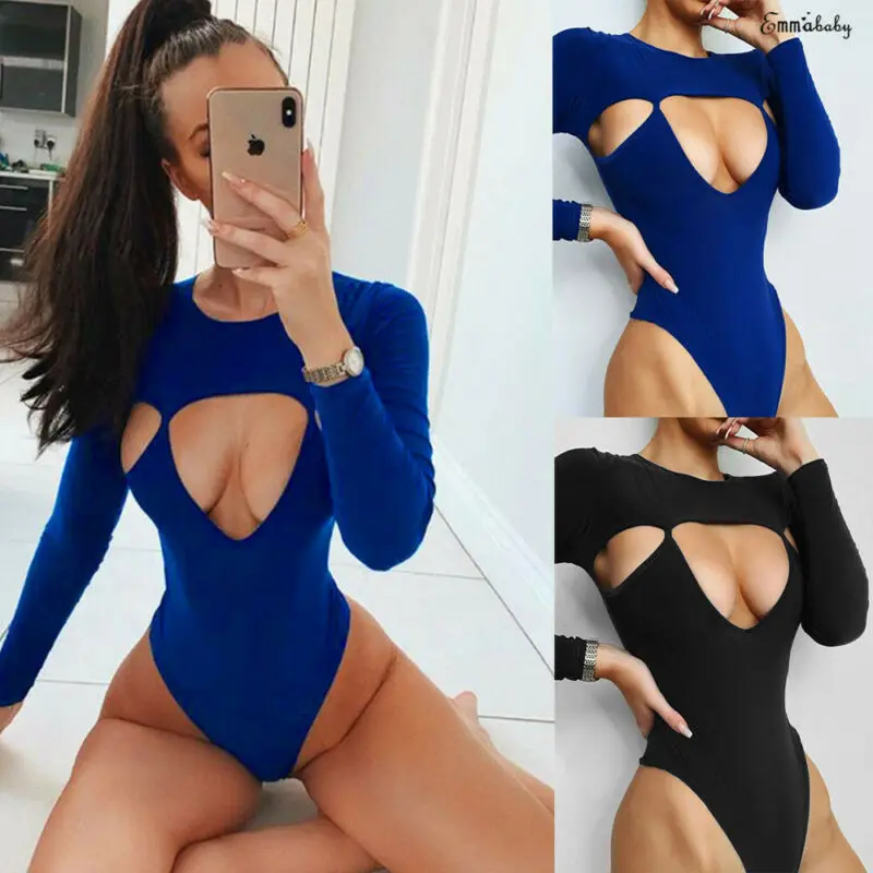 Модные женские боди с длинным рукавом открытые облегающие топы комбинезон-трико